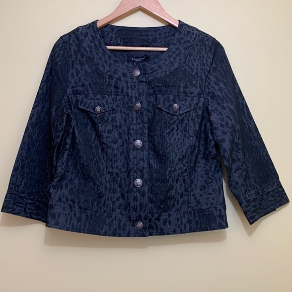 Sandro | NWOT Black Gray Animal Print button Up Round Collar Jean Jacket S - Picture 1 of 17